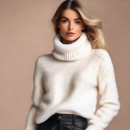 A sexy playboy model wearing a white turtleneck sweater