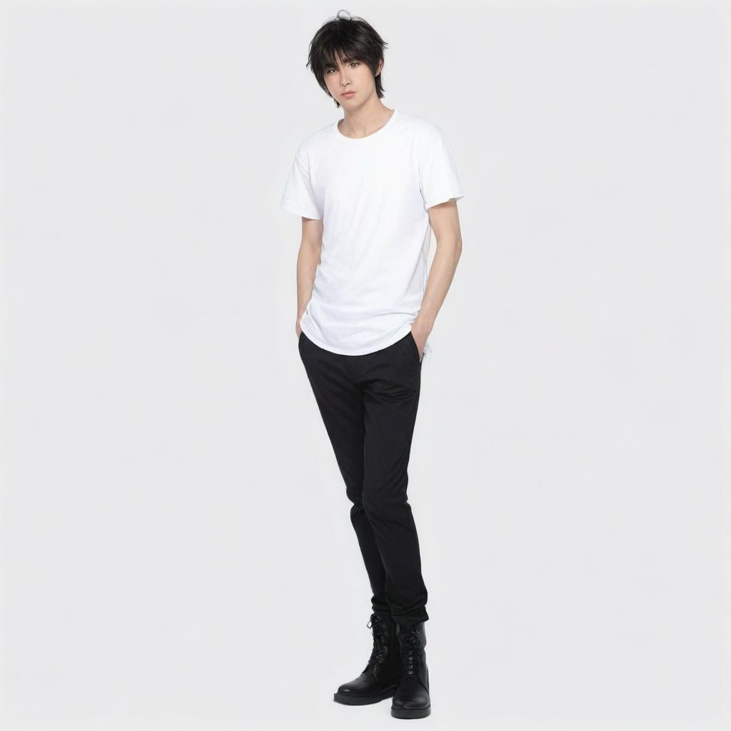 Japanese anime style male character with siren-black eyes and a short mullet hairstyle, donned in a white t-shirt, black pants and long boots.