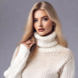 A sexy blond playboy model with straight long hair, wearing a white turtleneck sweater