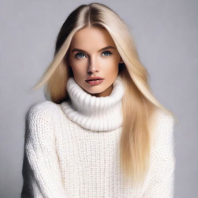 A sexy blond playboy model with straight long hair, wearing a white turtleneck sweater