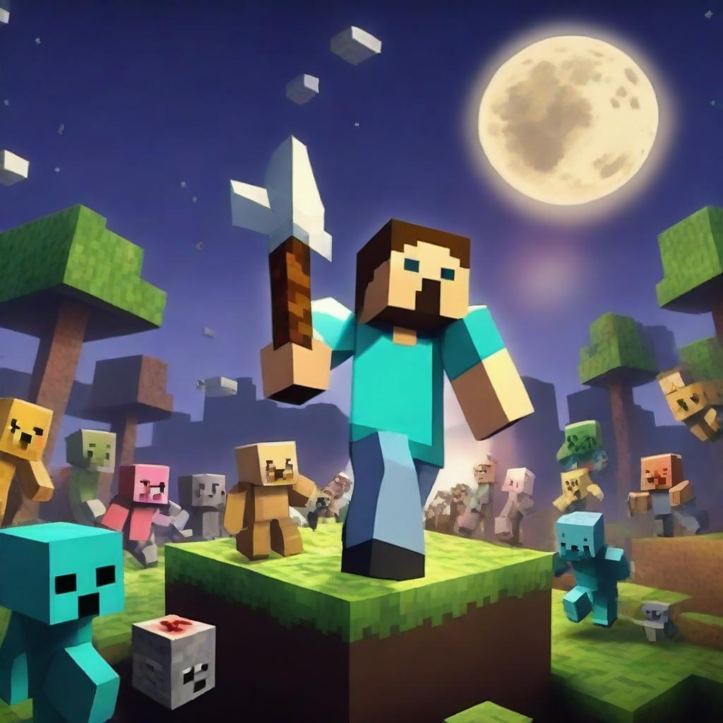 A thrilling scene of Minecraft hardcore survival, featuring a player character in full diamond armor, battling against a horde of zombies and skeletons in a dark forest