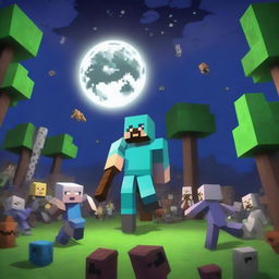 A thrilling scene of Minecraft hardcore survival, featuring a player character in full diamond armor, battling against a horde of zombies and skeletons in a dark forest