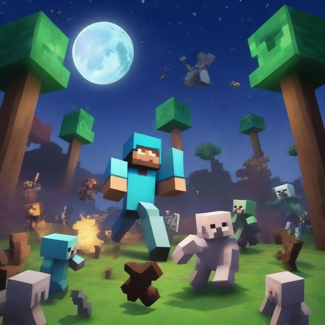 A thrilling scene of Minecraft hardcore survival, featuring a player character in full diamond armor, battling against a horde of zombies and skeletons in a dark forest