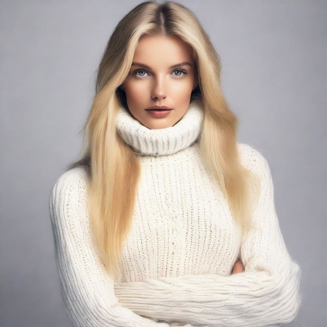 A sexy blond playboy model with straight long hair, wearing a white turtleneck sweater