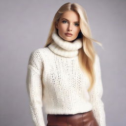 A sexy blond playboy model with straight long hair, wearing a white turtleneck sweater