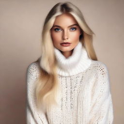 A sexy blond playboy model with straight long hair, wearing a white turtleneck sweater