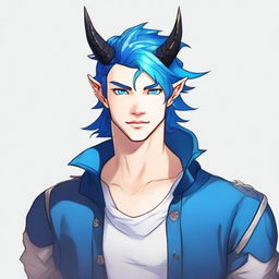 A 25-year-old young male half-dragon with light skin and shining blue eyes