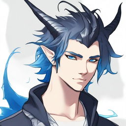 A 25-year-old young male half-dragon with light skin and shining blue eyes