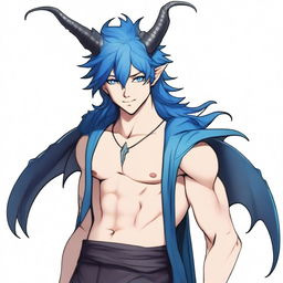 A 25-year-old young male half-dragon with light skin and shining blue eyes