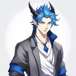 A 25-year-old young male half-dragon with light skin and shining blue eyes