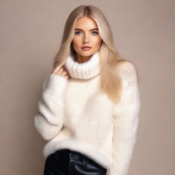 A sexy blond playboy model with straight long hair, wearing a white turtleneck sweater