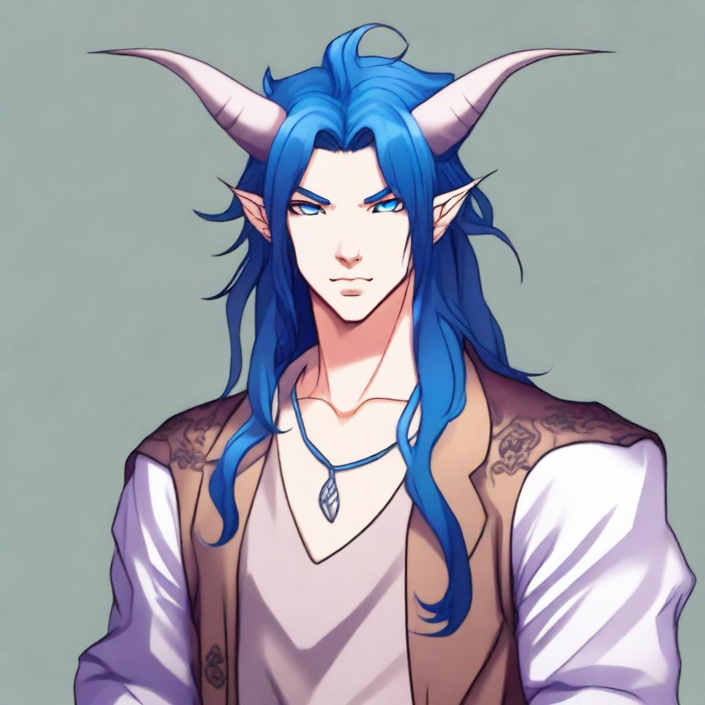 A 25-year-old young male half-dragon with light skin, shining blue eyes, and long dark blue hair, always neatly styled