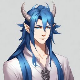 A 25-year-old young male half-dragon with light skin, shining blue eyes, and long dark blue hair, always neatly styled