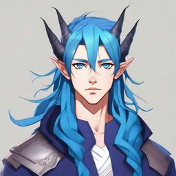 A 25-year-old young male half-dragon with light skin, shining blue eyes, and long dark blue hair, always neatly styled