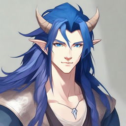 A 25-year-old young male half-dragon with light skin, shining blue eyes, and long dark blue hair, always neatly styled