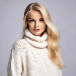 A sexy blond playboy model with straight long hair, wearing a white turtleneck sweater