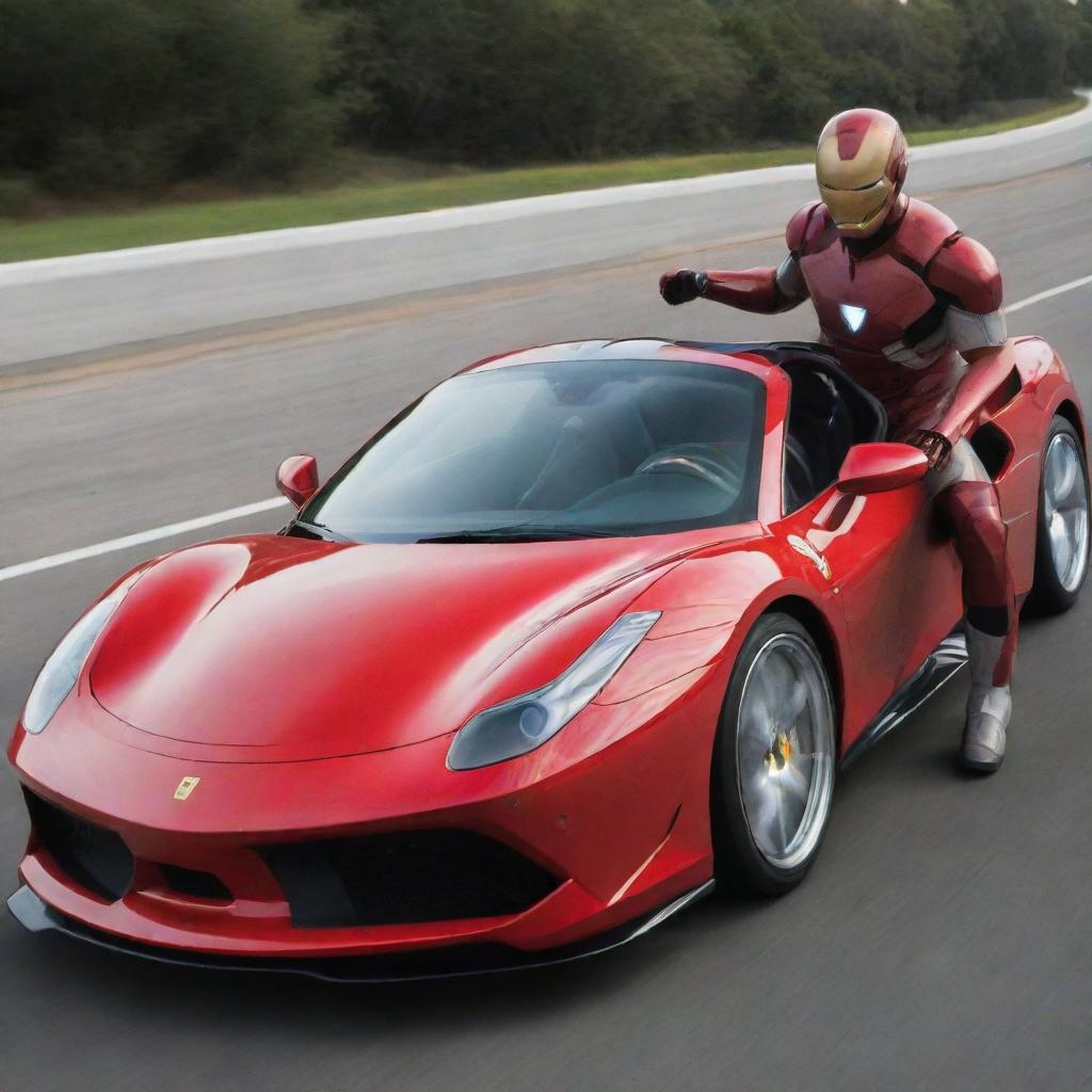 Ironman in full gear driving a sleek, red Ferrari