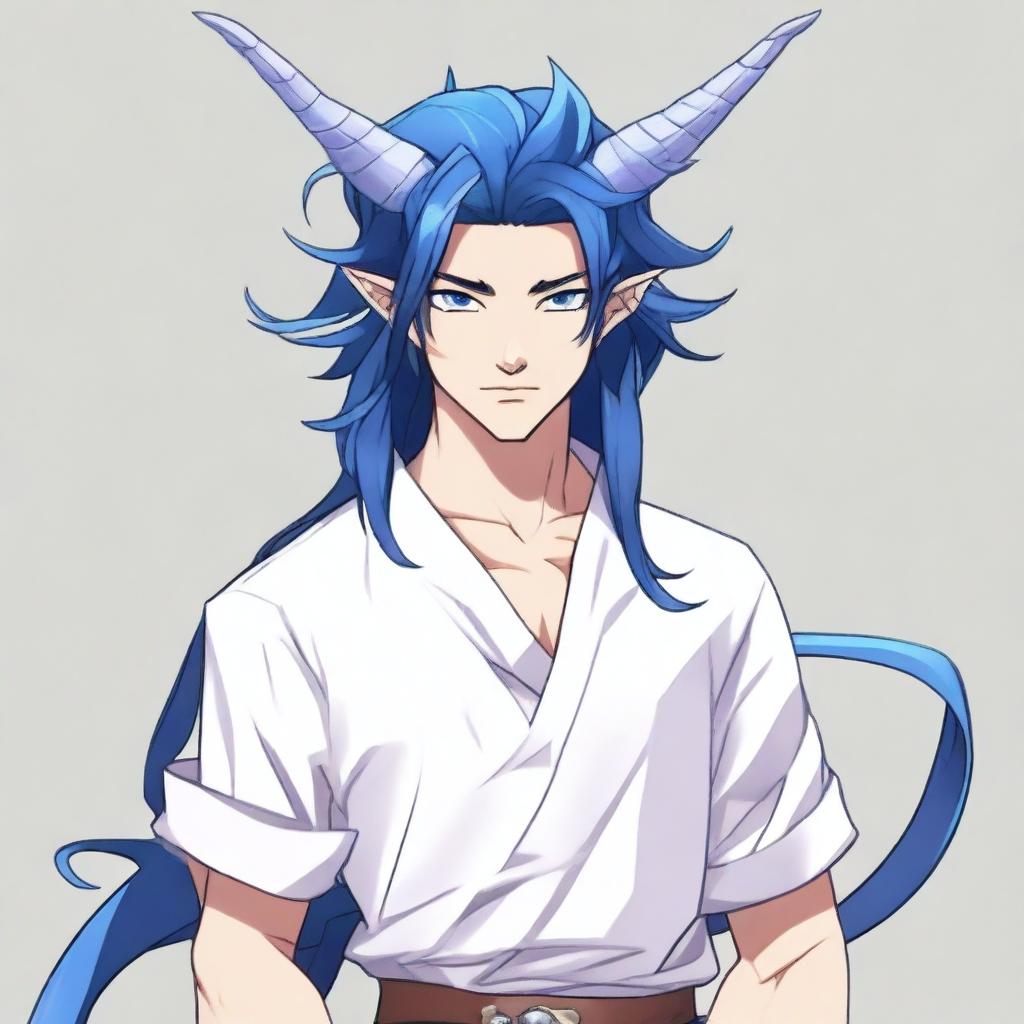 A 25-year-old young male half-dragon with light skin, shining blue eyes, and long dark blue hair always neatly styled