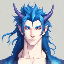 A 25-year-old young male half-dragon with light skin, shining blue eyes, and long dark blue hair always neatly styled