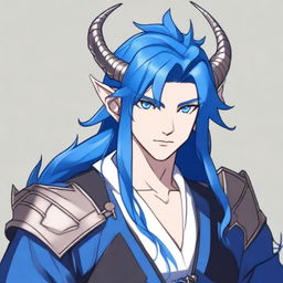 A 25-year-old young male half-dragon with light skin, shining blue eyes, and long dark blue hair always neatly styled