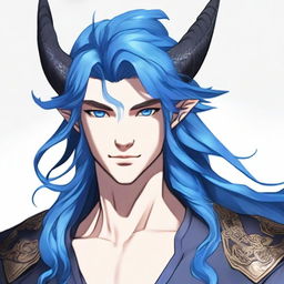 A 25-year-old young male half-dragon with light skin, shining blue eyes, and long dark blue hair always neatly styled