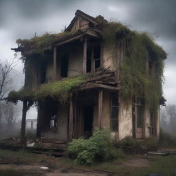 A dilapidated tavern with rotting wooden beams, broken windows, and overgrown vines