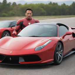 Ironman in full gear driving a sleek, red Ferrari