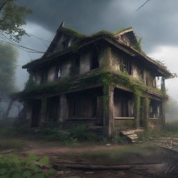 A dilapidated tavern with rotting wooden beams, broken windows, and overgrown vines