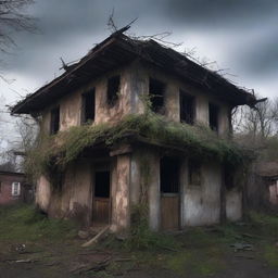 A dilapidated tavern with rotting wooden beams, broken windows, and overgrown vines