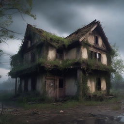 A dilapidated tavern with rotting wooden beams, broken windows, and overgrown vines