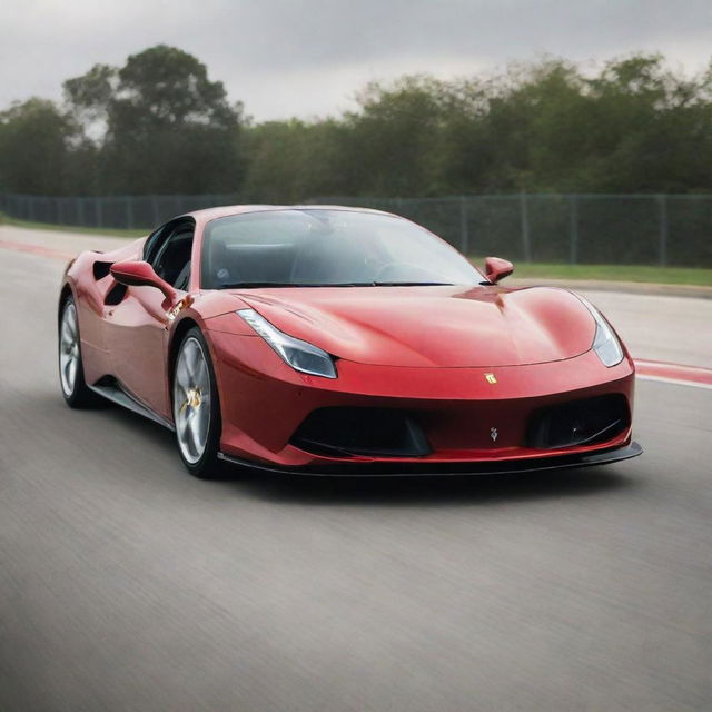 Ironman in full gear driving a sleek, red Ferrari