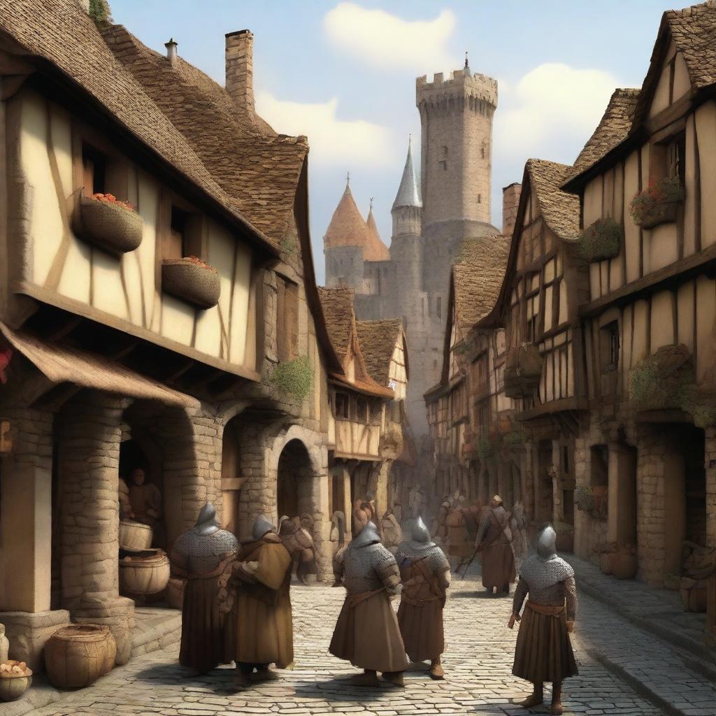 A bustling medieval village scene from the Middle Ages, featuring cobblestone streets, thatched-roof houses, and villagers going about their daily lives