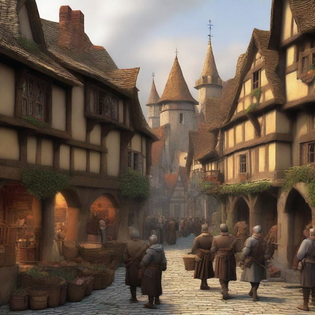 A bustling medieval village scene from the Middle Ages, featuring cobblestone streets, thatched-roof houses, and villagers going about their daily lives