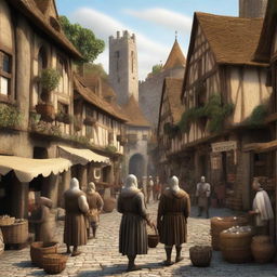 A bustling medieval village scene from the Middle Ages, featuring cobblestone streets, thatched-roof houses, and villagers going about their daily lives