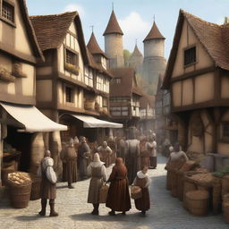 A bustling medieval village scene from the Middle Ages, featuring cobblestone streets, thatched-roof houses, and villagers going about their daily lives