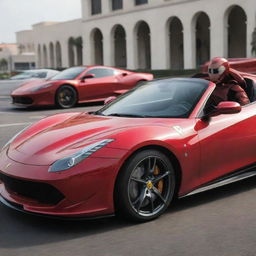 Ironman in full gear driving a sleek, red Ferrari