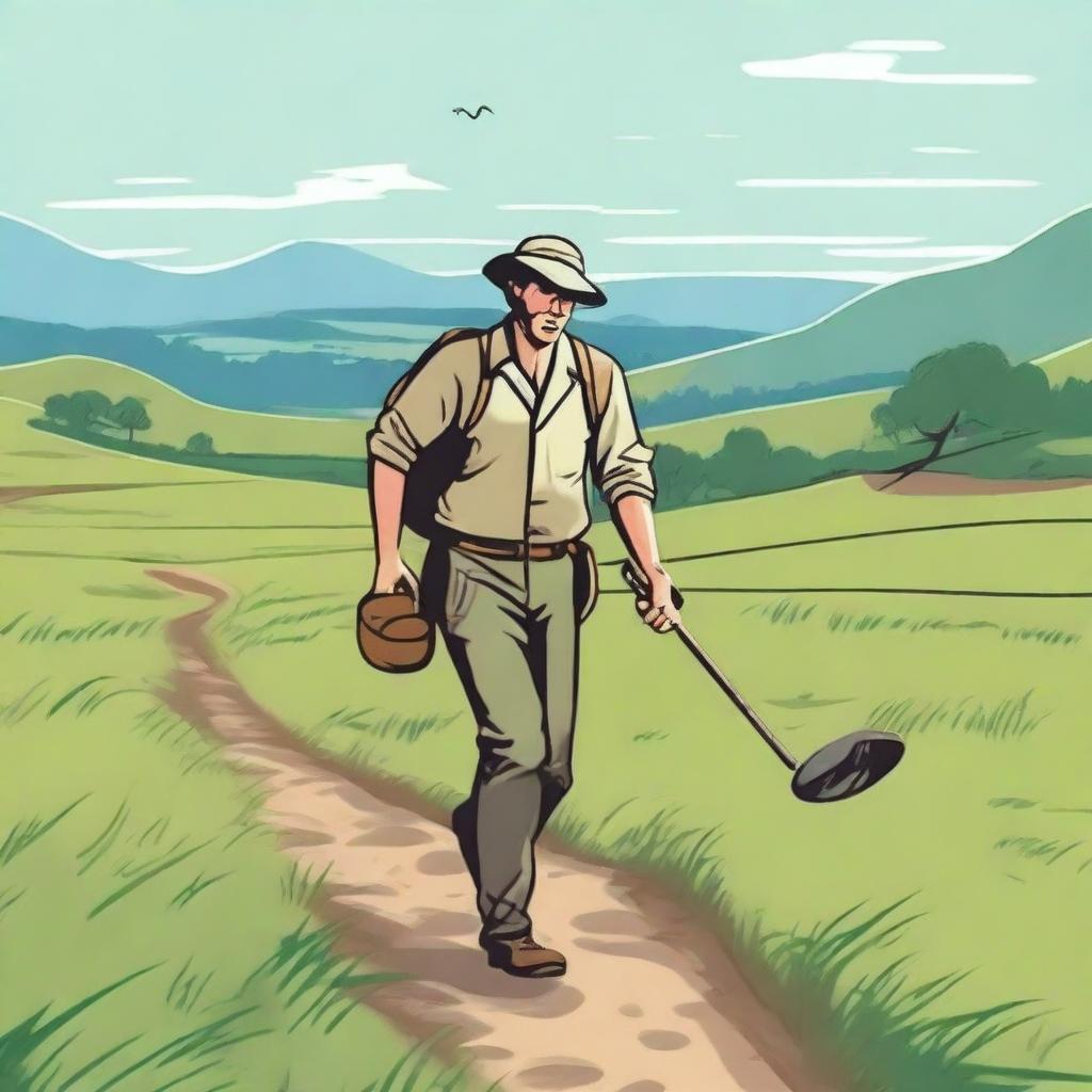 A detectorist exploring a scenic countryside with a metal detector in hand