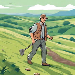 A detectorist exploring a scenic countryside with a metal detector in hand