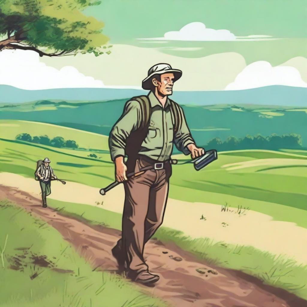 A detectorist exploring a scenic countryside with a metal detector in hand