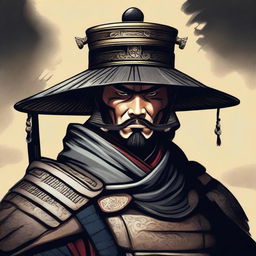 A depiction of a Chinese guard from the Edo period with an evil glare, wearing an Asian hat