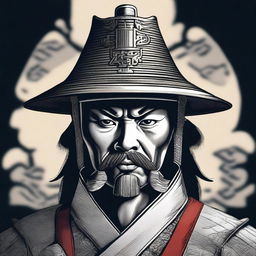 A depiction of a Chinese guard from the Edo period with an evil glare, wearing an Asian hat