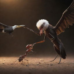 A dramatically lit scene of a brave ant engaging in a fierce battle with a majestic eagle