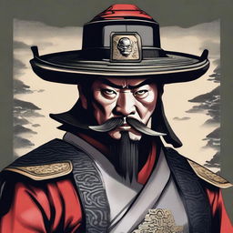 A depiction of a Chinese guard from the Edo period with an evil glare, wearing an Asian hat