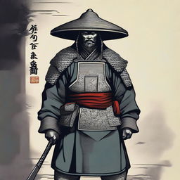 A depiction of a Chinese guard from the Edo period with an evil glare, wearing an Asian hat