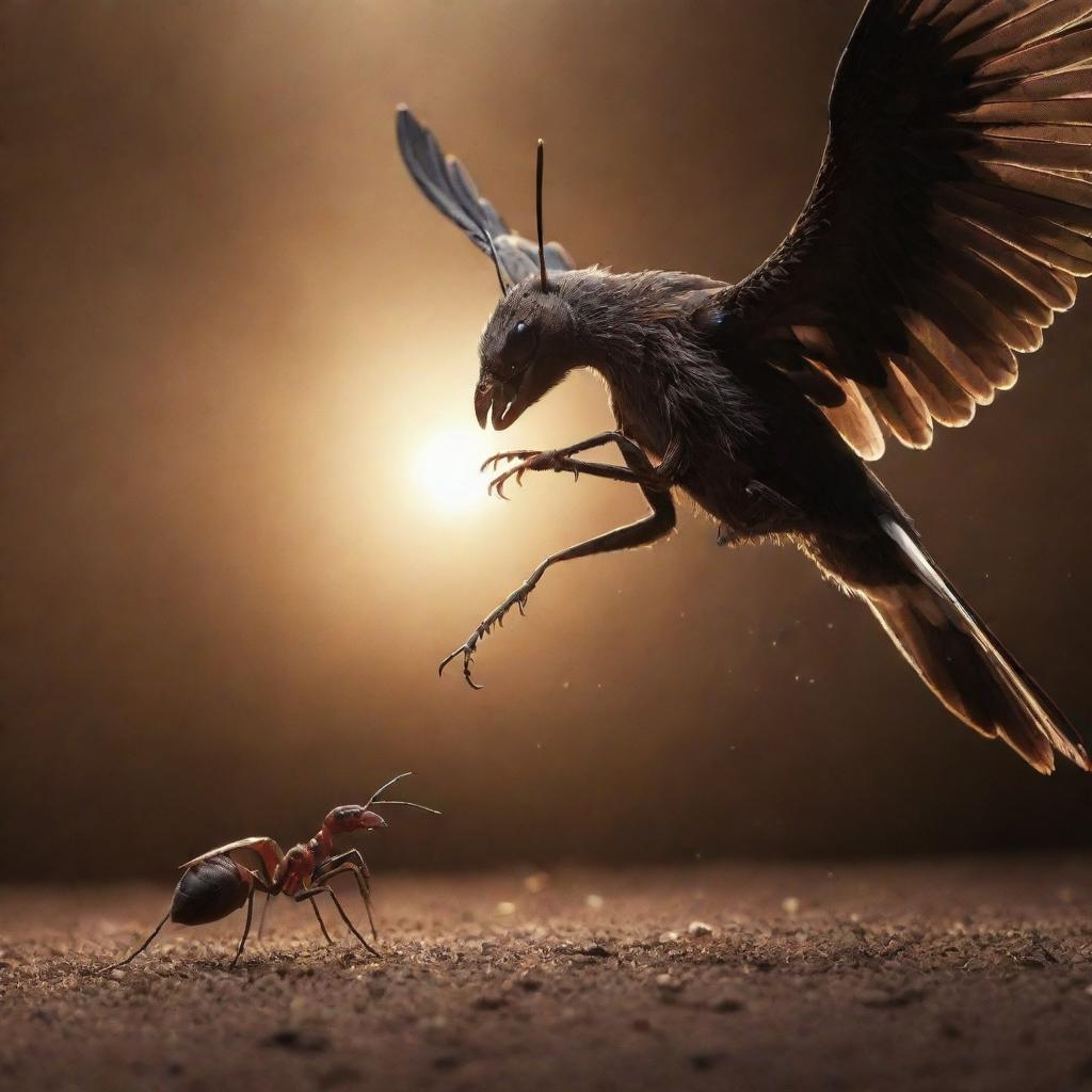 A dramatically lit scene of a brave ant engaging in a fierce battle with a majestic eagle