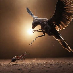 A dramatically lit scene of a brave ant engaging in a fierce battle with a majestic eagle