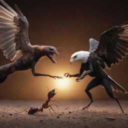 A dramatically lit scene of a brave ant engaging in a fierce battle with a majestic eagle