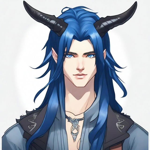 A 25-year-old young male human with light skin, shining blue eyes, and long black-blue hair, always neatly styled