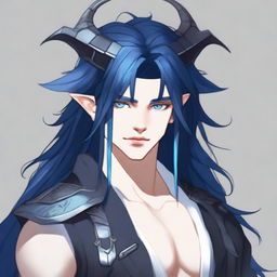 A 25-year-old young male human with light skin, shining blue eyes, and long black-blue hair, always neatly styled