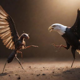 A dramatically lit scene of a brave ant engaging in a fierce battle with a majestic eagle